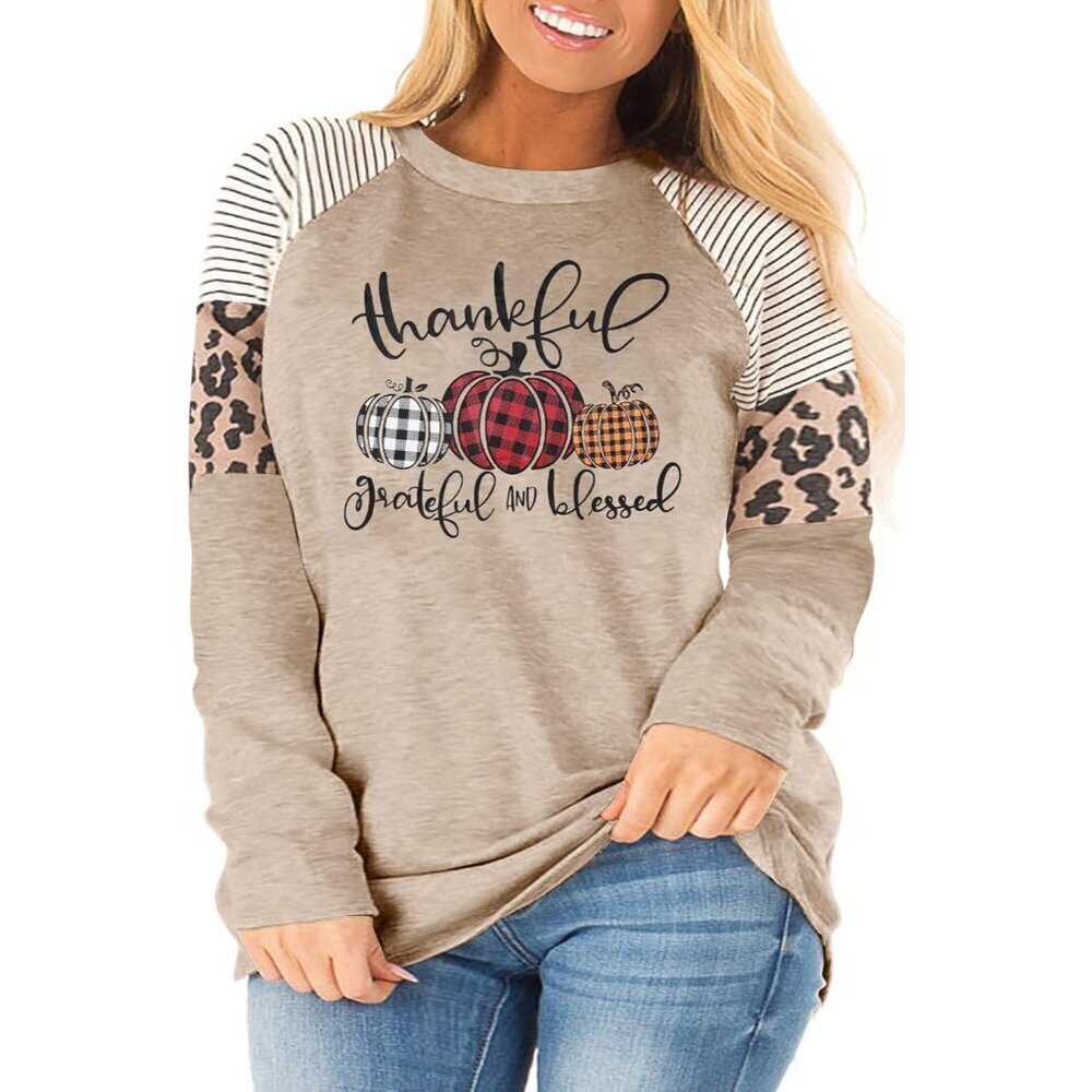 Plus Size Women's Thanksgiving Shirt Leopard Stripe Color Block Pumpkin Long Sle